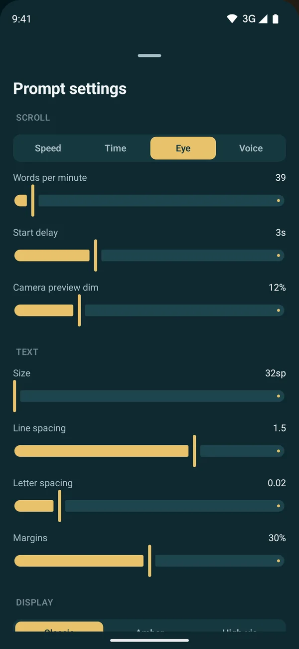 OwlPrompter’s prompt settings on Android: Speed, Time, Eye and Voice scrolling, start delay and text size