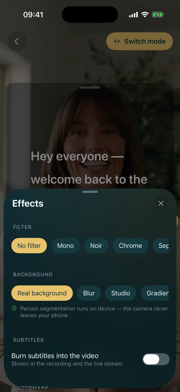 The recording effects panel: filters, backgrounds and burned-in subtitles