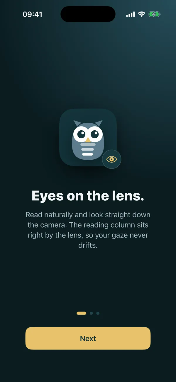 The app’s eye-contact screen: the reading column sits right by the lens