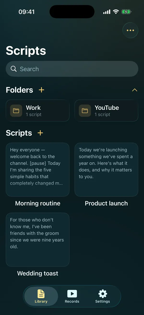 The script library, with folders, search and saved scripts