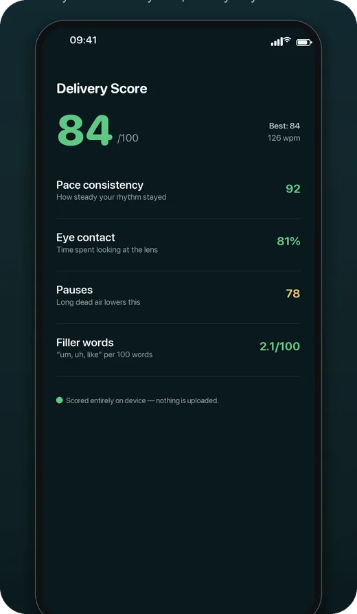 A Delivery Score of 84 out of 100, broken into pace, eye contact, pauses and filler words
